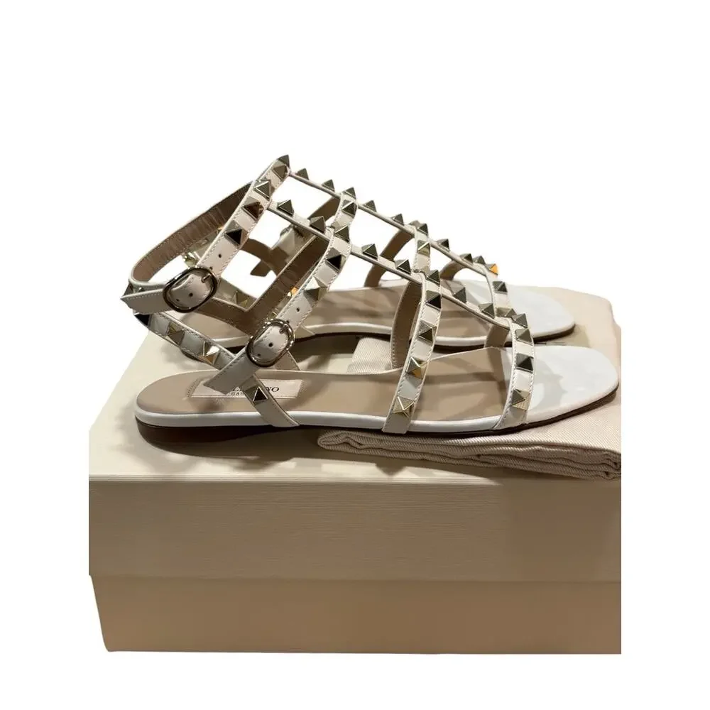 Valentino Garavani Rockstud Caged Leather Slide Sandal Ivory 36